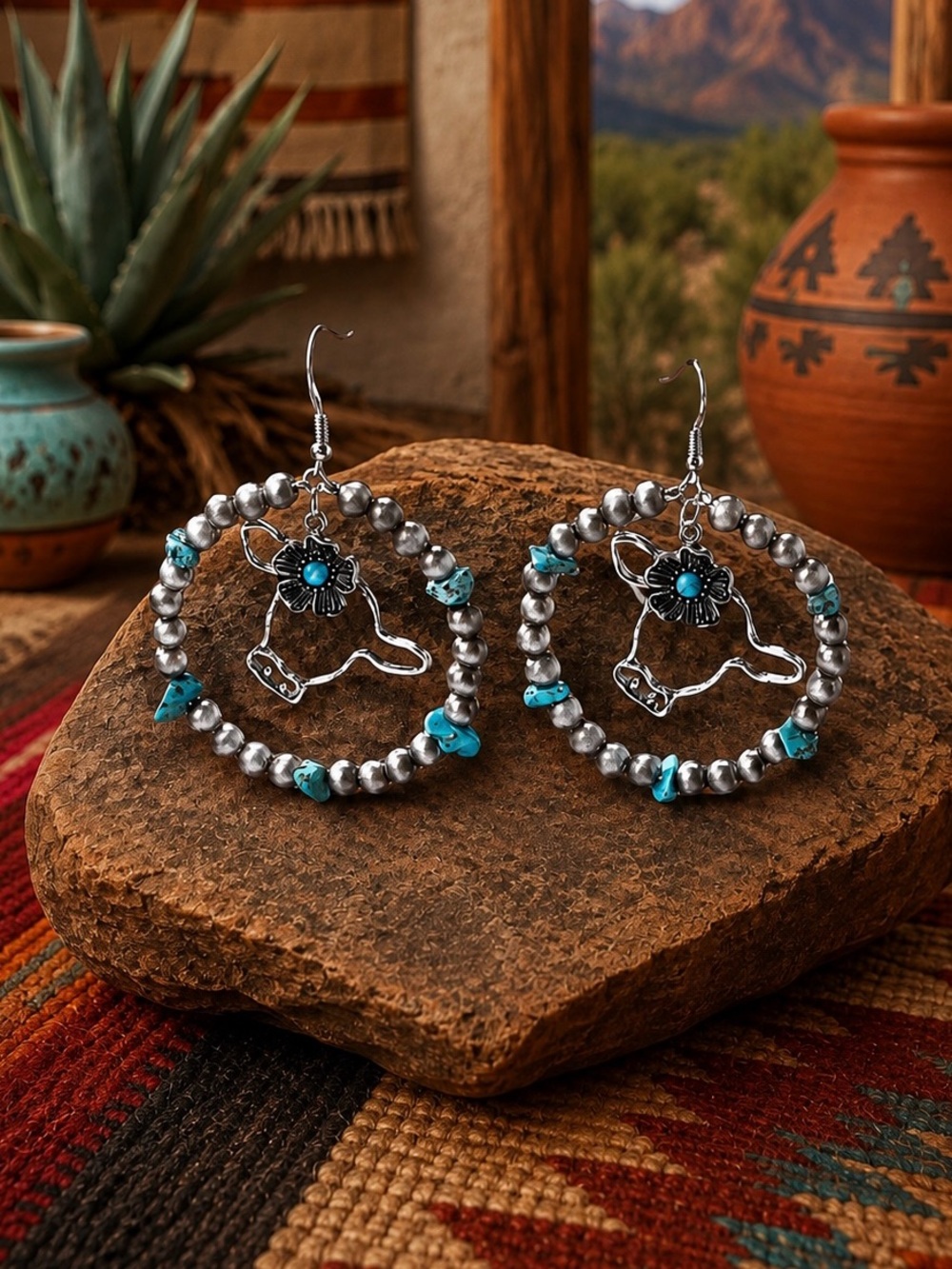 Southwest Western Faux Navajo Pearl Turquoise Cow Flower Dangle Earrings
